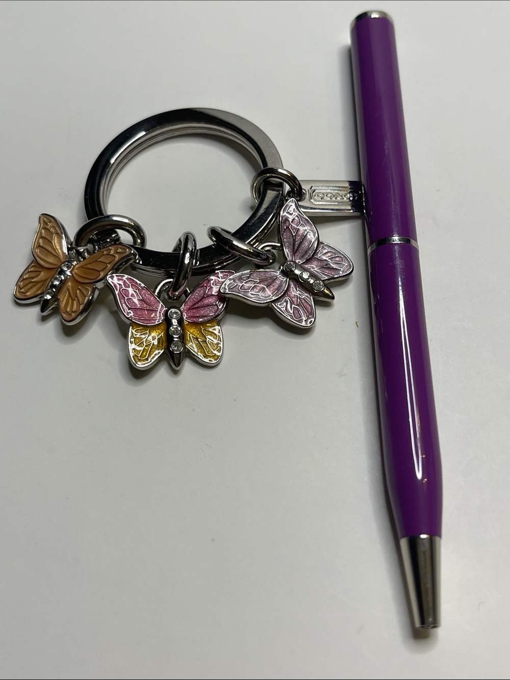 Coach Butterfly Charm Keyring with Yellow, Pink, Purple Charms and Coach Pen